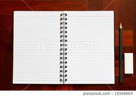 Open notebook with blank page, pencil and eraser. Open notebook with blank page, pencil and eraser. 18568664