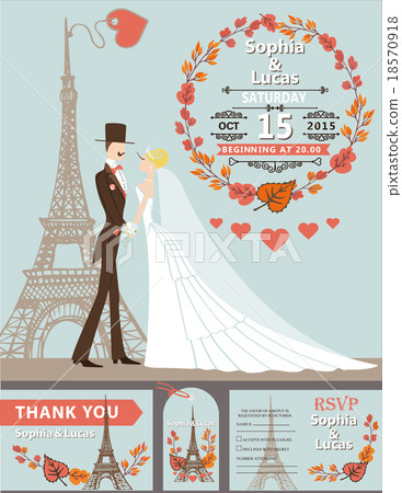 Wedding invitation.Groom,bride,Eiffel tower,autumn 18570918