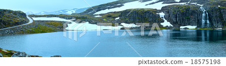 Summer mountain panorama with lake and snow (Norway) 18575198
