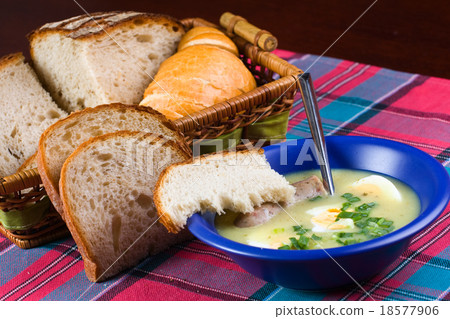 White borscht with eggs and white sausage 18577906