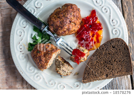 Turkey cutlets with sweet pepper jam closeup. 18578276