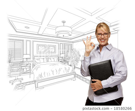 Woman with Okay Sign Over Bedroom Design Drawing 18580266