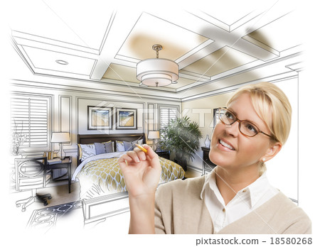 Woman With Pencil Over Bedroom Drawing Photo Combo 18580268