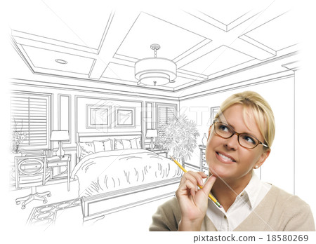 Woman With Pencil Over Bedroom Drawing on White 18580269