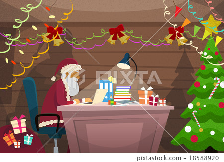 Santa Claus Using Laptop Sitting Desk Indoor Home Santa Claus Using Laptop Sitting Desk Indoor Home 18588920