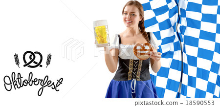 Composite image of oktoberfest girl holding beer and pretzel 18590553