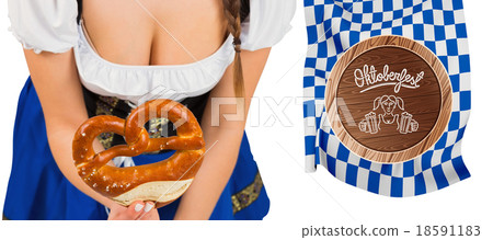 Composite image of oktoberfest girl bending and showing pretzel Composite image of oktoberfest girl bending and showing pretzel 18591183
