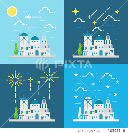 Flat design 4 styles of Santorini village Greece 18595146