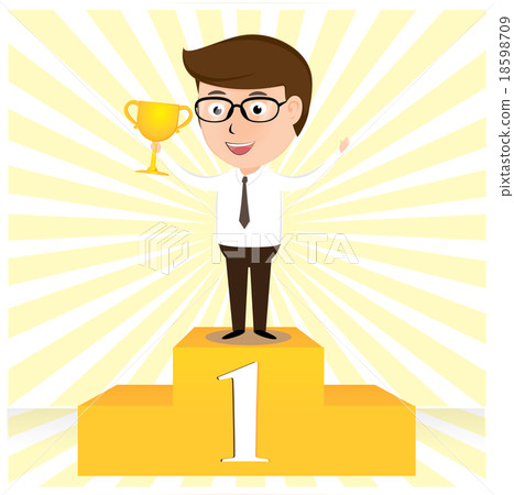 Businessman stands on pedestal holding the cup in Businessman stands on pedestal holding the cup in 18598709