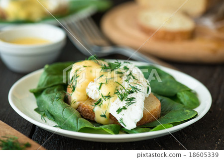 Poached egg on a piece of bread with spinach  18605339