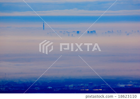 漂浮在從Tanzawa·Tonodake看的早晨薄霧的東京天空樹 18623110