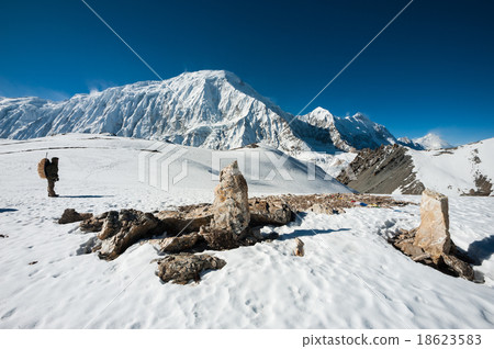 Trekker at Meshokanto pass, with Tilicho peak Trekker at Meshokanto pass, with Tilicho peak 18623583