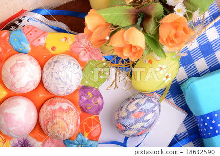 Easter background with eggs, ribbons, decoration Easter background with eggs, ribbons, decoration 18632590
