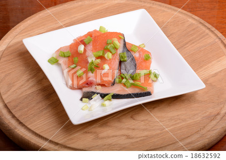 Slice of red fish salmon on white plate Slice of red fish salmon on white plate 18632592