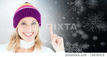 Composite image of positive woman showing up smiling at the came 18636428