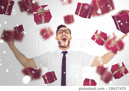 Composite image of geeky young businessman with arms out 18637470