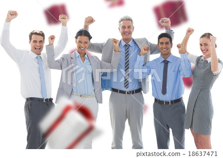 Composite image of business people cheering in office 18637471