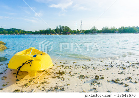Yellow kayak on the sea. Kayaking on island Yellow kayak on the sea. Kayaking on island 18642676