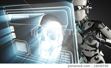 cyborg woman and scull on hologram display 18646590