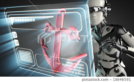 cyborg woman and anchor on hologram display 18646591