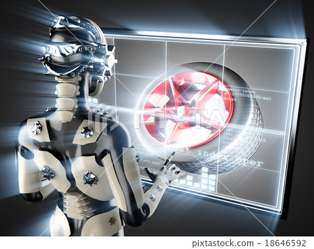 cyborg woman and wheel on hologram display 18646592