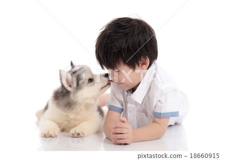 Cute asian boy and siberian husky puppy lying 18660915