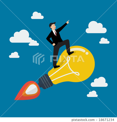 Businessman on a moving lightbulb idea rocket Businessman on a moving lightbulb idea rocket 18671234