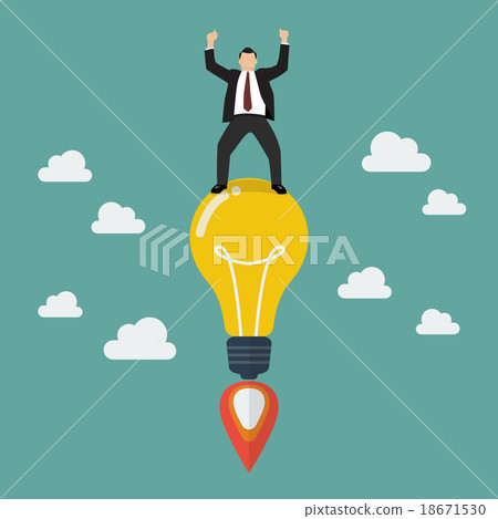 Businessman on a lightbulb idea rocket. - Stock Illustration [18671530 ...