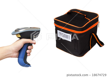 Hold and scan box with barcode scanner isolated Hold and scan box with barcode scanner isolated 18674729
