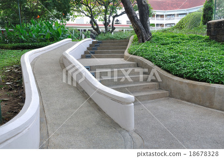 Double stone stairs in garden Double stone stairs in garden 18678328