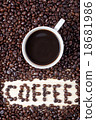 cup of coffee and word COFFEE mead by beans 18681986
