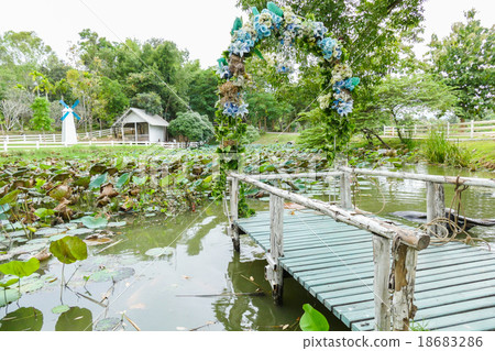 wooden pier decorating with blue flower wooden pier decorating with blue flower 18683286