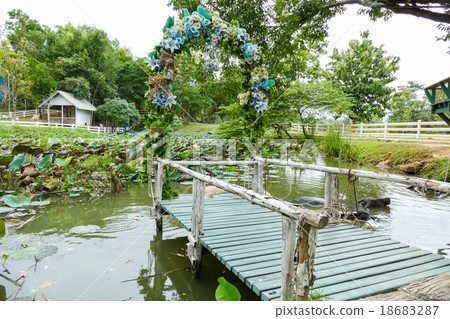 wooden pier decorating with blue flower wooden pier decorating with blue flower 18683287