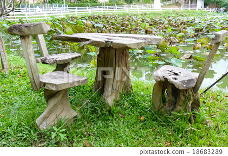wooden seat at the waterside of water lily pond wooden seat at the waterside of water lily pond 18683289