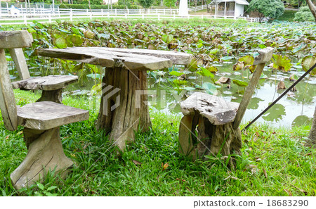 wooden seat at the waterside of water lily pond wooden seat at the waterside of water lily pond 18683290