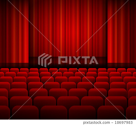 Stock Illustration: Open theater red curtains with light and seats.