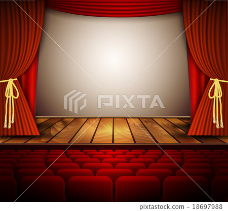 A theater stage with a red curtain, seats. A theater stage with a red curtain, seats. 18697988