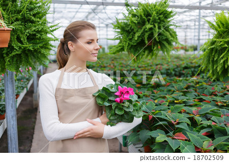 Positive florist working in the greenhouse  18702509