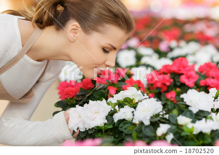 Charming florist smelling flowers 18702520