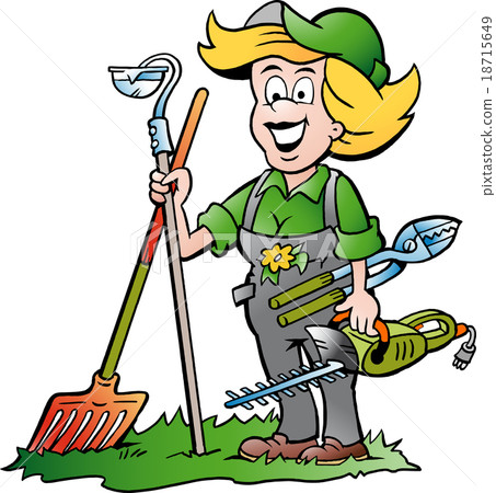 插圖素材: handy gardener woman standing with he garden tools