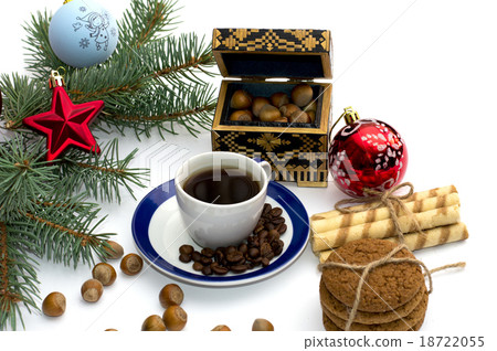 fir-tree branch with ornament, a trunk, sweets fir-tree branch with ornament, a trunk, sweets 18722055