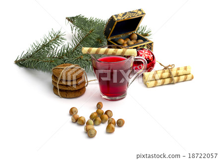 cup of tea, casket, fir-tree branch, cookies cup of tea, casket, fir-tree branch, cookies 18722057