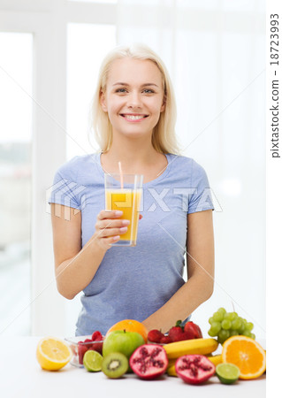 smiling woman drinking fruit juice at home 18723993