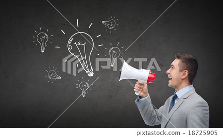 happy businessman in suit speaking to megaphone happy businessman in suit speaking to megaphone 18725905