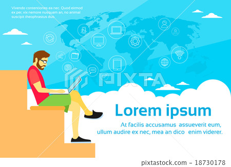 Freelancer Man Using Laptop Sitting Working Flat Freelancer Man Using Laptop Sitting Working Flat 18730178