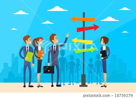 Businesspeople Standing Sign Choose Direction Way Businesspeople Standing Sign Choose Direction Way 18730179