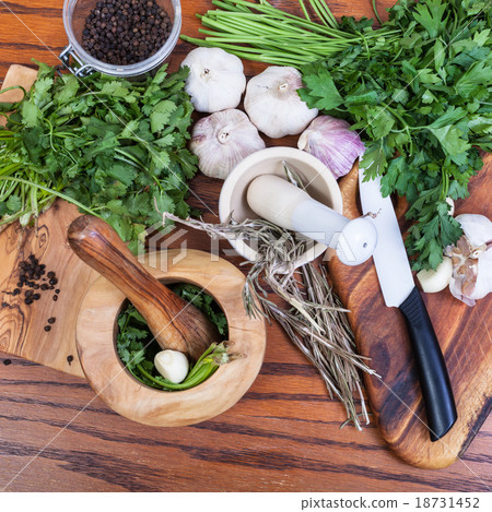 top view of mortars and spicy ingredients on table 18731452