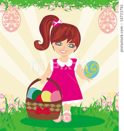 Easter card with girl and a basket of eggs 18733791