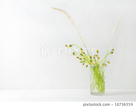 Beautiful white flower in glass on white wood 18736359