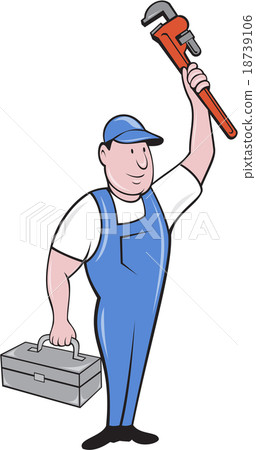 Plumber Toolbox Raising Monkey Wrench Cartoon 18739106
